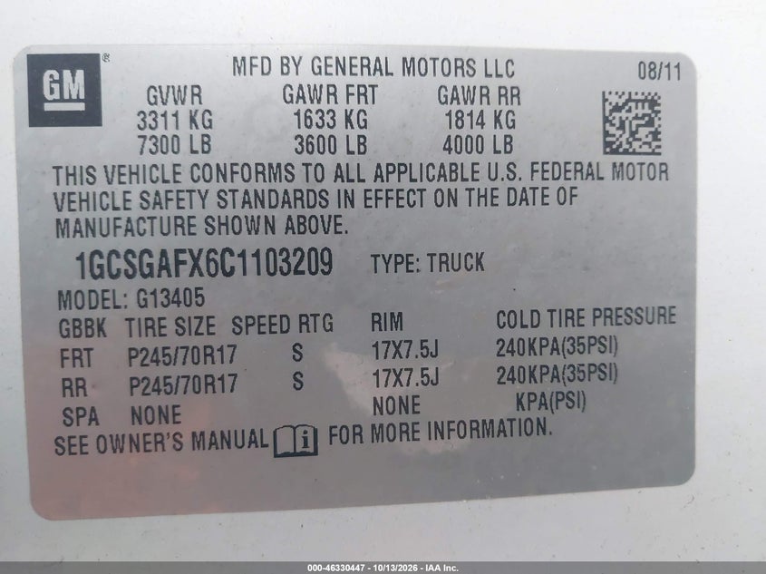 CHEVROLET EXPRESS 1500 2012 VIN 1GCSGAFX6C1103209