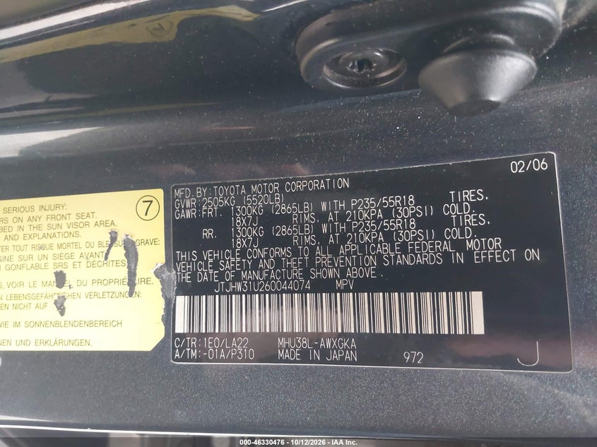 LEXUS RX 400H 2006 VIN JTJHW31U260044074