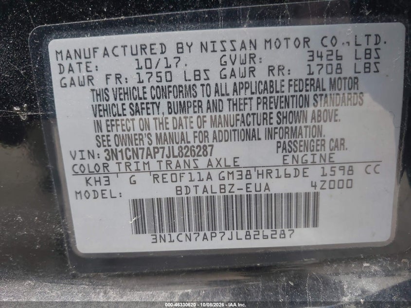 NISSAN VERSA 2018 VIN 3N1CN7AP7JL826287