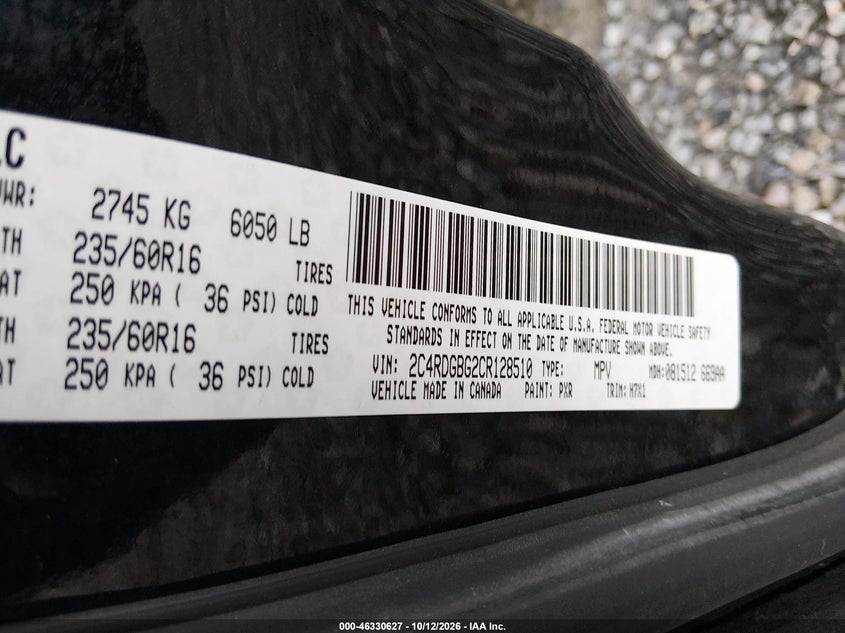 DODGE GRAND CARAVAN 2012 VIN 2C4RDGBG2CR128510