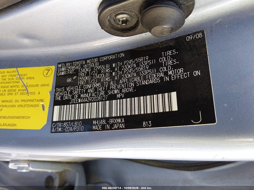 TOYOTA HIGHLANDER HYBRID 2009 VIN JTEEW44A392028127