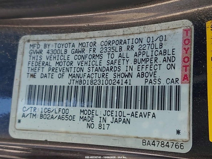 LEXUS IS 300 2001 VIN JTHBD182310024141