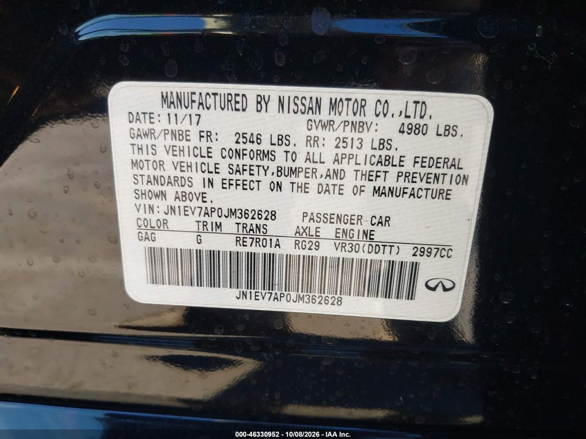 INFINITI Q50 2018 VIN JN1EV7AP0JM362628