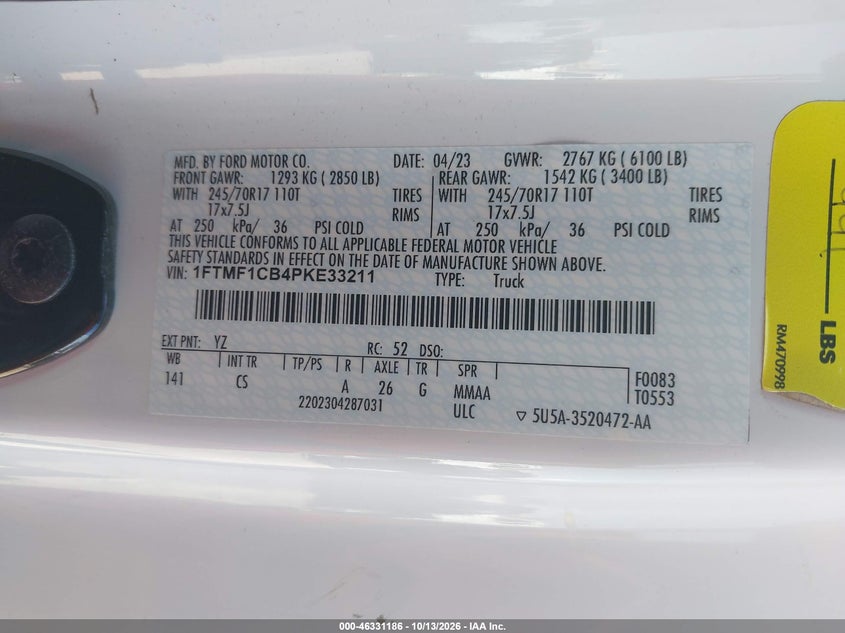 Vin: 1ftmf1cb4pke33211, lot: 46831439, ford f-150 xl 20234