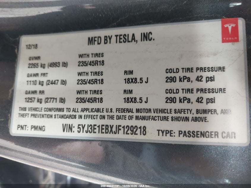 TESLA MODEL 3 2018 VIN 5YJ3E1EBXJF129218