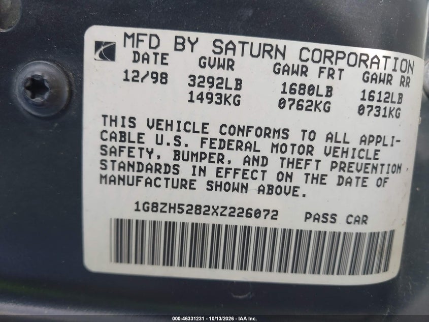 SATURN SL1 1999 VIN 1G8ZH5282XZ226072