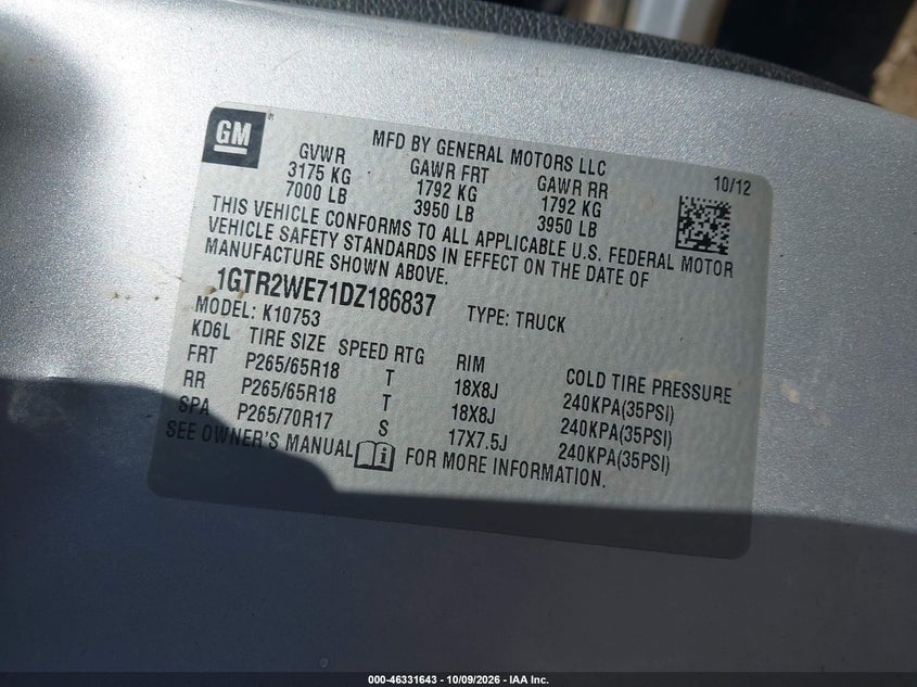 GMC SIERRA 1500 2013 VIN 1GTR2WE71DZ186837