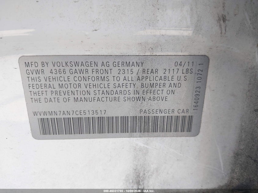 VOLKSWAGEN CC 2012 VIN WVWMN7AN7CE513517