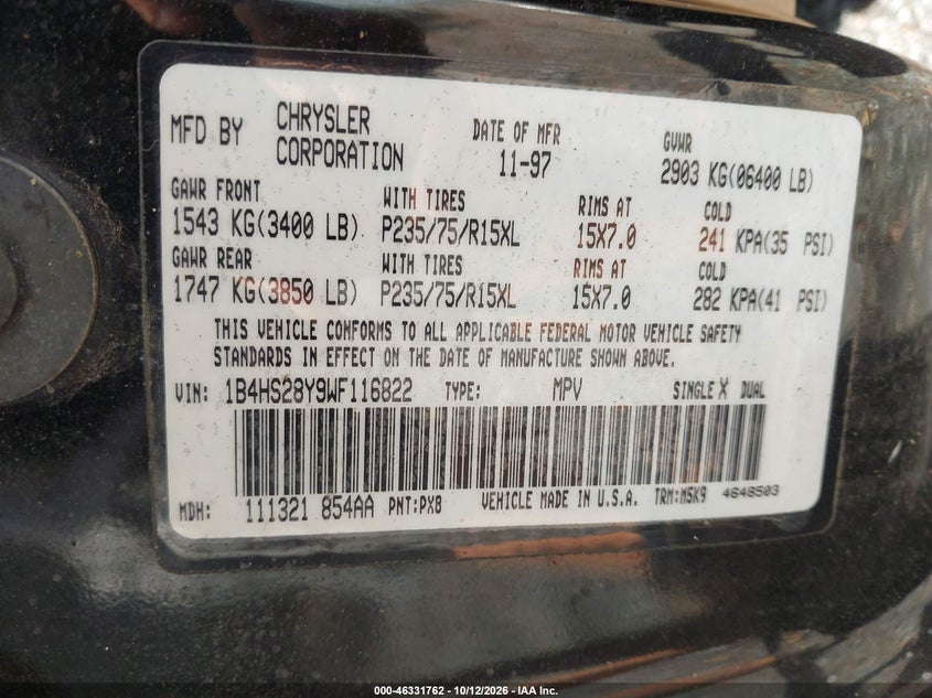 DODGE DURANGO 1998 VIN 1B4HS28Y9WF116822