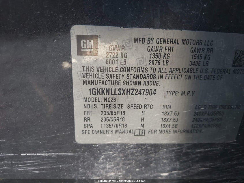GMC ACADIA 2017 VIN 1GKKNLLSXHZ247904