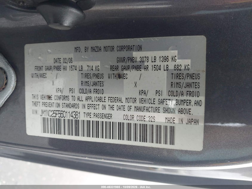 MAZDA MX-5 2006 VIN JM1NC25F560114381