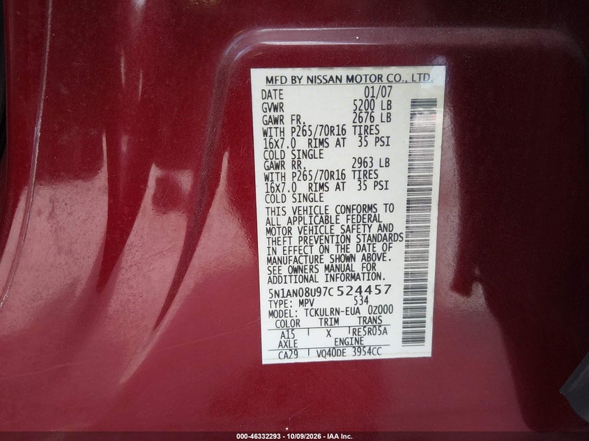 NISSAN XTERRA 2007 VIN 5N1AN08U97C524457