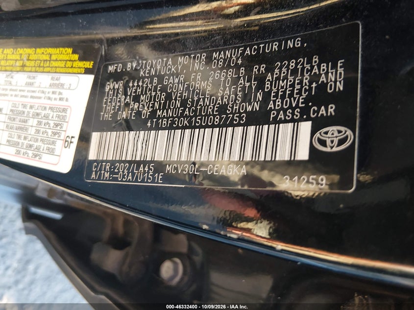 TOYOTA CAMRY 2005 VIN 4T1BF30K15U087753