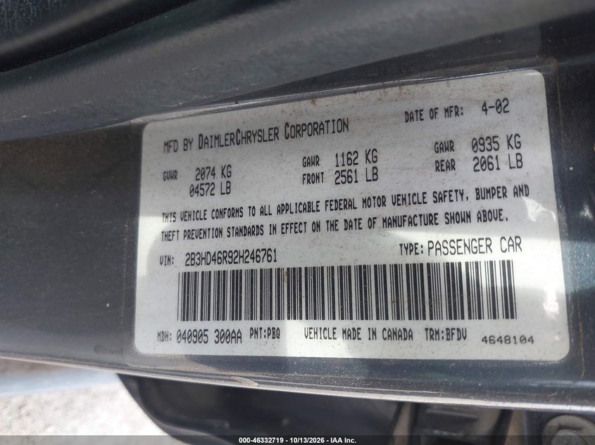 DODGE INTREPID 2002 VIN 2B3HD46R92H246761