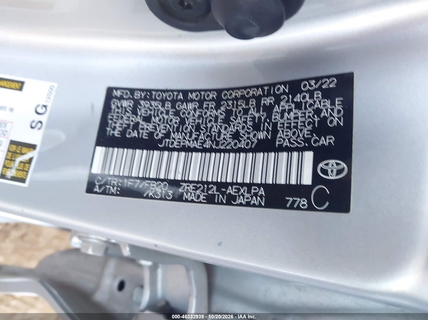 TOYOTA COROLLA 2022 VIN JTDEPMAE4NJ220407