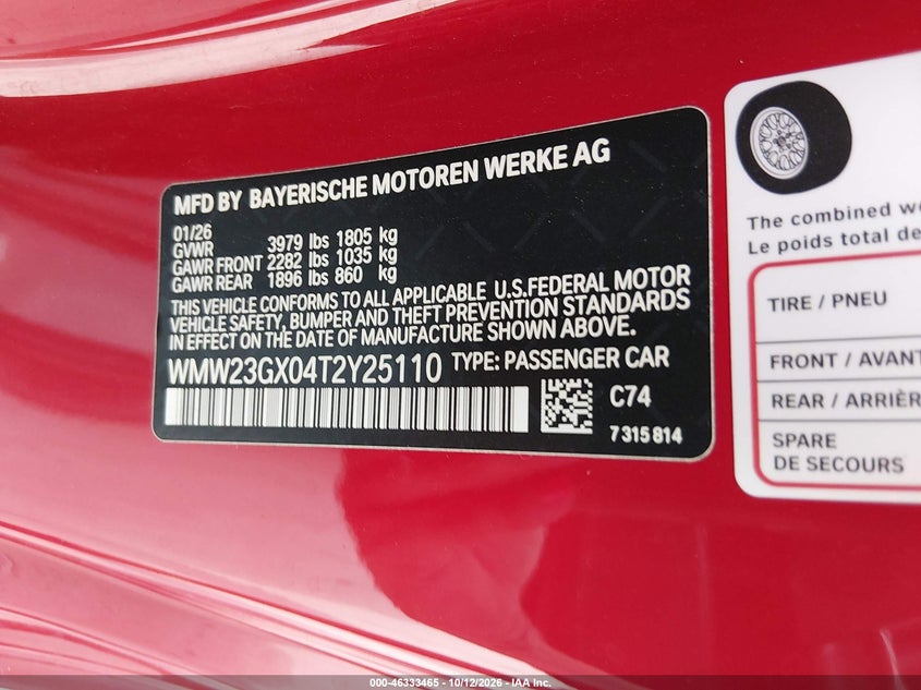 MINI CONVERTIBLE 2026 VIN WMW23GX04T2Y25110
