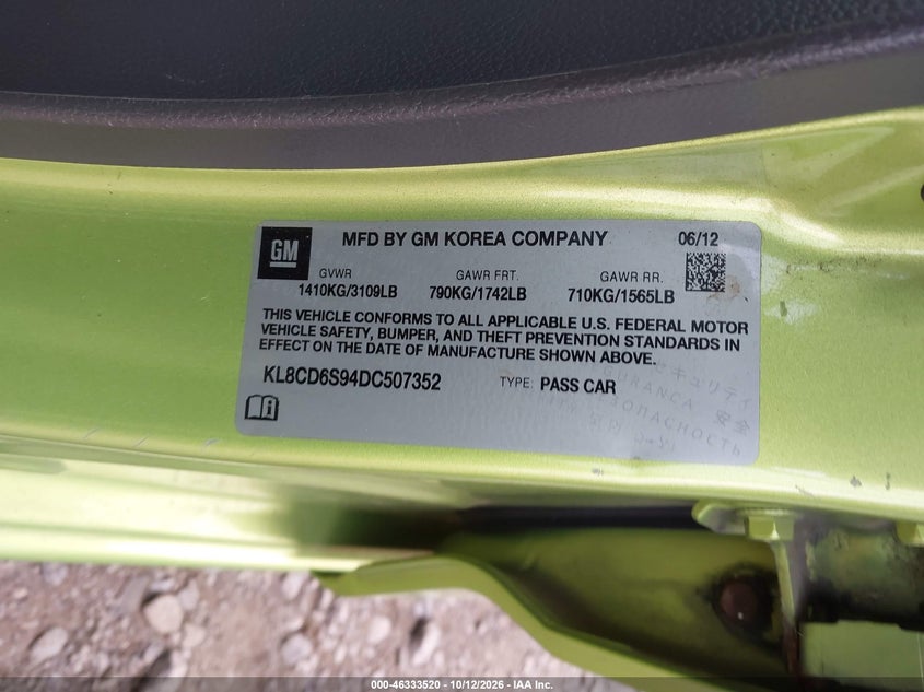 CHEVROLET SPARK 2013 VIN KL8CD6S94DC507352