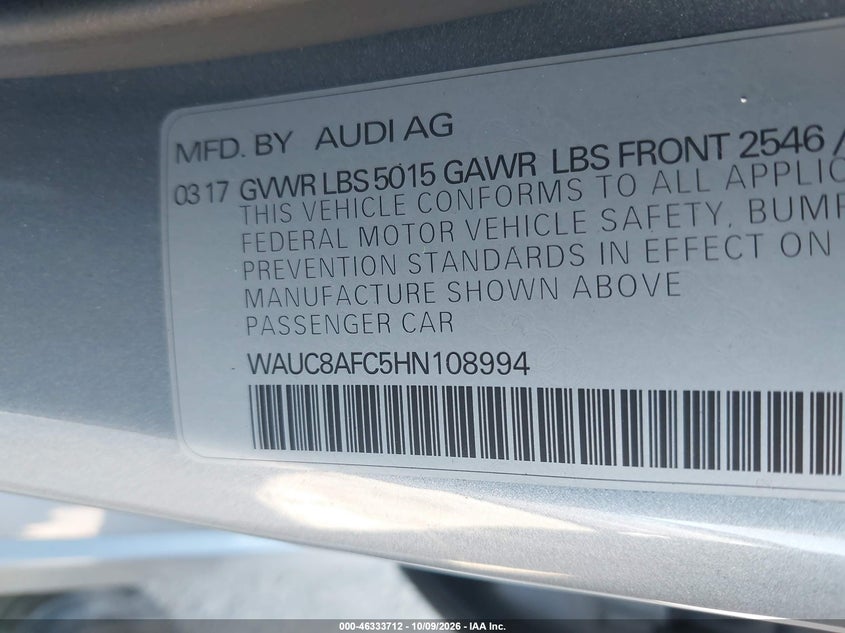 AUDI A6 2017 VIN WAUC8AFC5HN108994