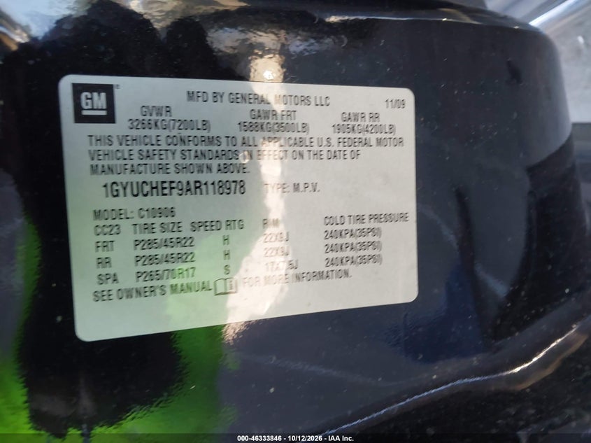 CADILLAC ESCALADE ESV 2010 VIN 1GYUCHEF9AR118978