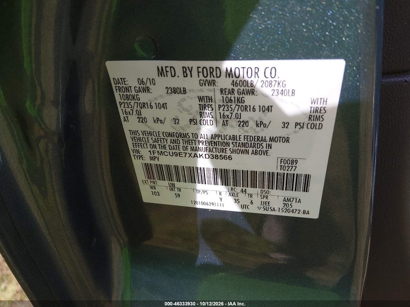 FORD ESCAPE 2010 VIN 1FMCU9E7XAKD38566