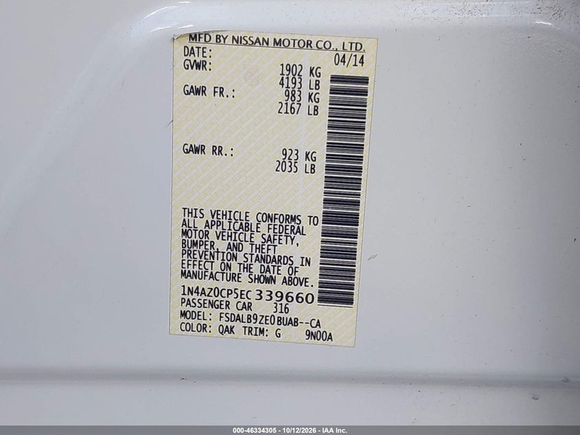 NISSAN LEAF 2014 VIN 1N4AZ0CP5EC339660