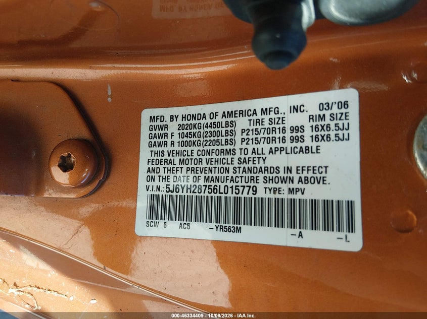 HONDA ELEMENT 2006 VIN 5J6YH28756L015779