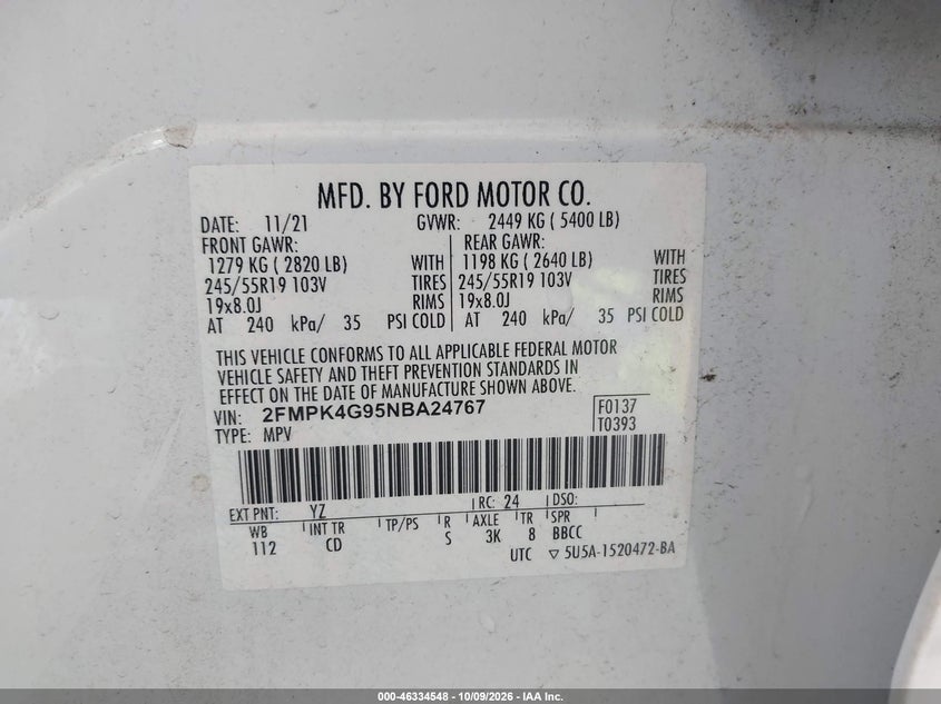 FORD EDGE 2022 VIN 2FMPK4G95NBA24767
