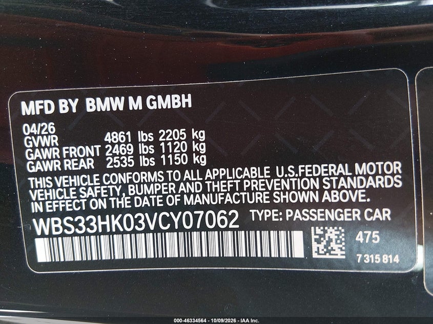BMW M4 COMPETITION 2027 VIN WBS33HK03VCY07062