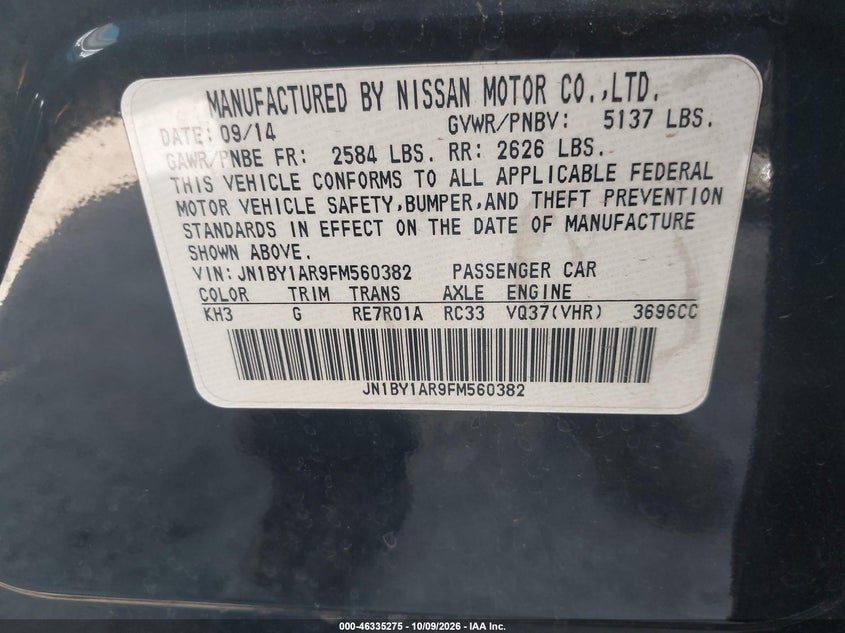 INFINITI Q70 2015 VIN JN1BY1AR9FM560382