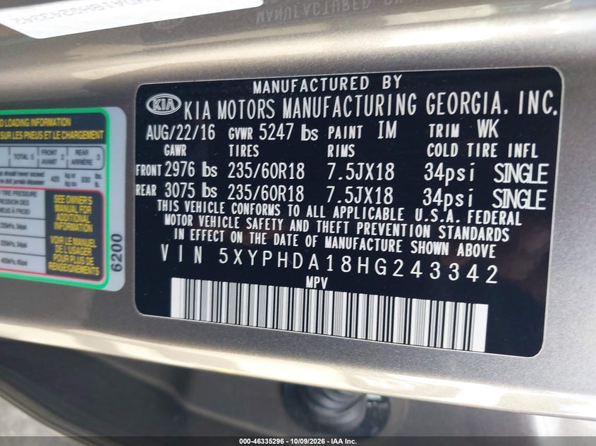 KIA SORENTO 2017 VIN 5XYPHDA18HG243342