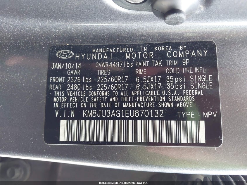 HYUNDAI TUCSON 2014 VIN KM8JU3AG1EU870132