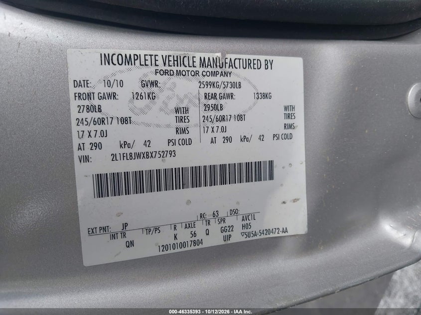 LINCOLN TOWN CAR 2011 VIN 2L1FL8JWXBX752793