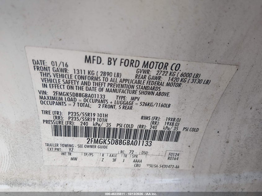 FORD FLEX 2016 VIN 2FMGK5D88GBA01133