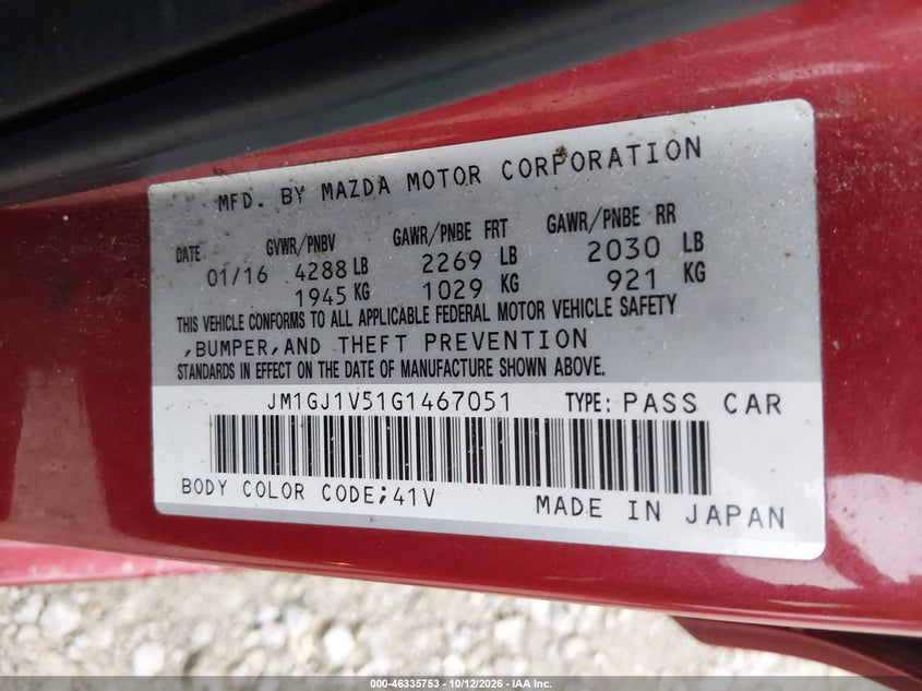 MAZDA MAZDA6 2016 VIN JM1GJ1V51G1467051