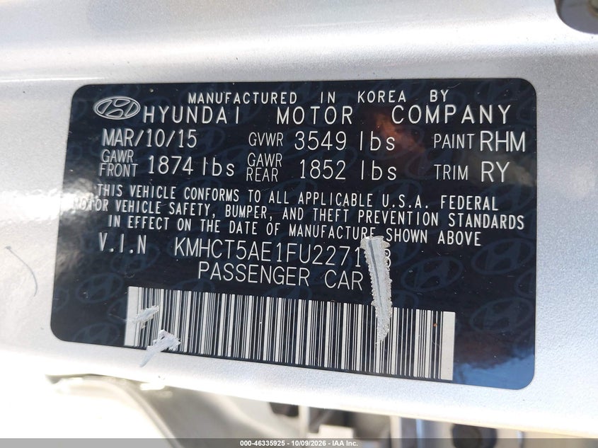 HYUNDAI ACCENT 2015 VIN KMHCT5AE1FU227173