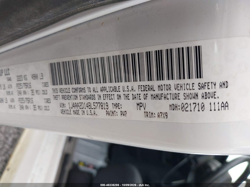 JEEP WRANGLER 2011 VIN 1J4AA2D14BL577819