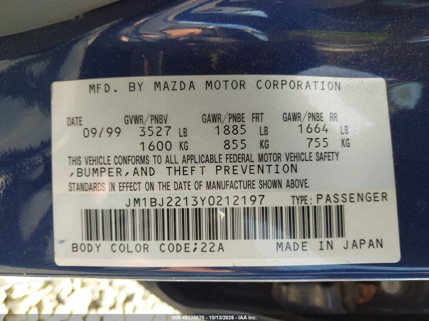 MAZDA PROTEGE 2000 VIN JM1BJ2213Y0212197