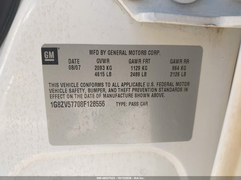 SATURN AURA 2008 VIN 1G8ZV57708F128556