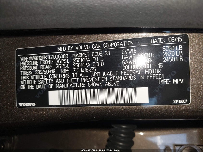 VOLVO V60 CROSS COUNTRY 2016 VIN YV4612HK1G1006089