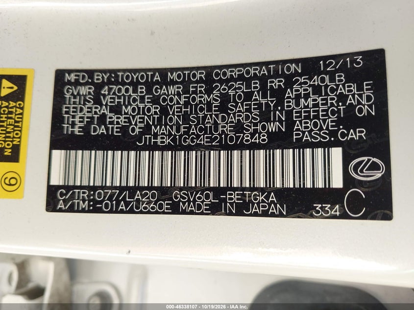 LEXUS ES 350 2014 VIN JTHBK1GG4E2107848