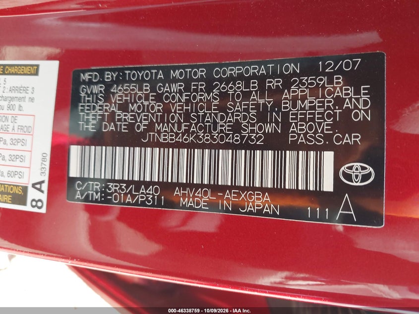 TOYOTA CAMRY HYBRID 2008 VIN JTNBB46K383048732