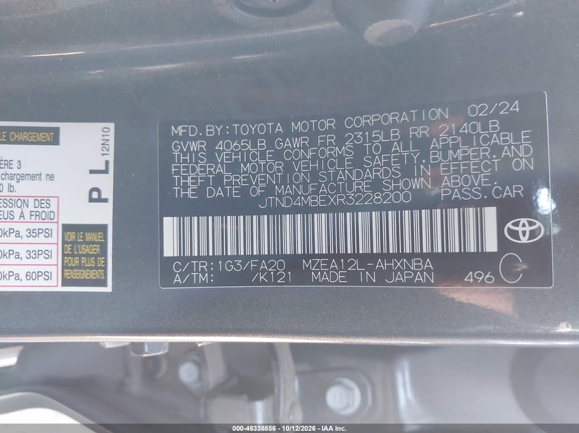 TOYOTA COROLLA 2024 VIN JTND4MBEXR3228200