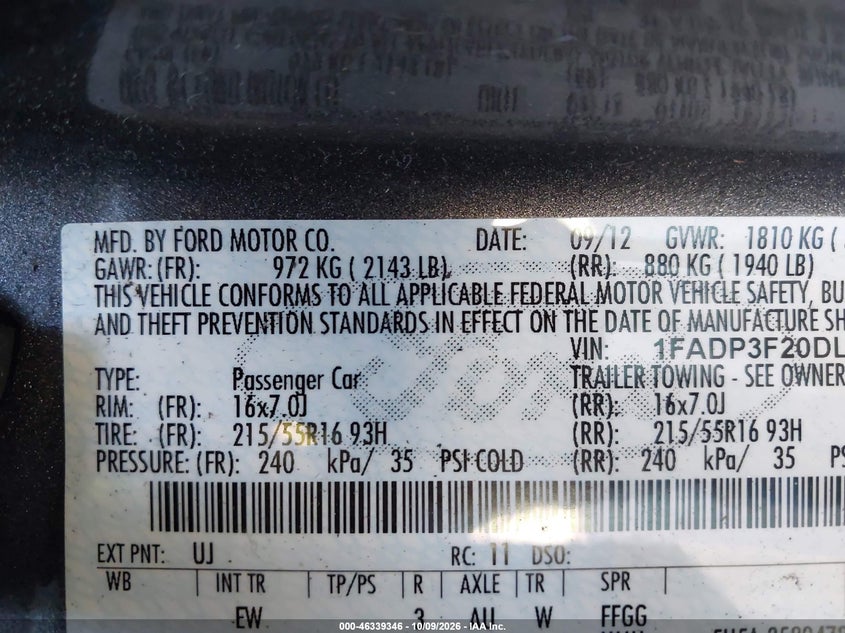 FORD FOCUS 2013 VIN 1FADP3F20DL135481
