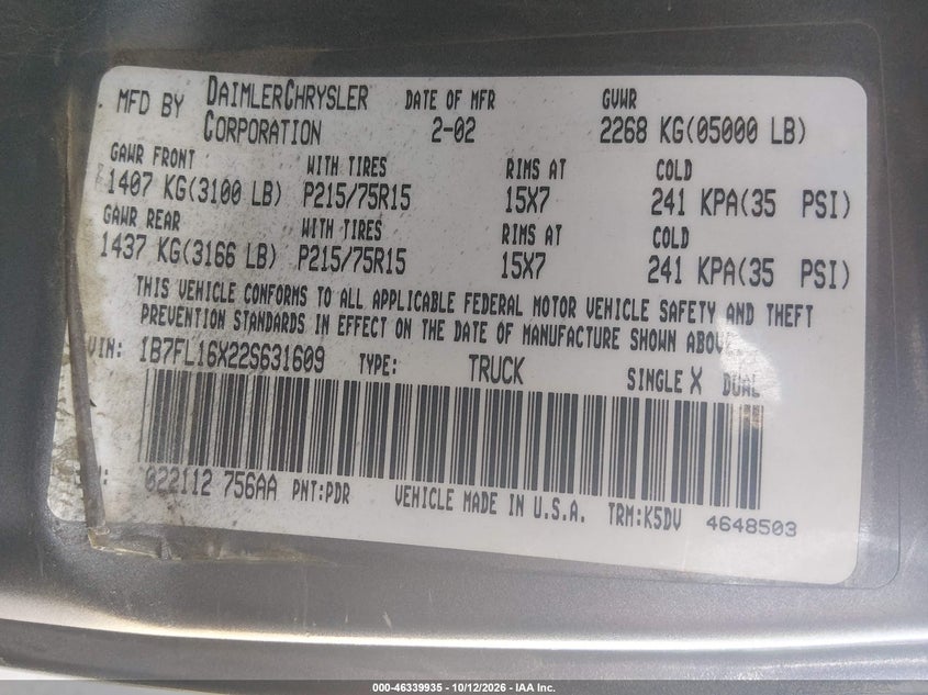 DODGE DAKOTA 2002 VIN 1B7FL16X22S631609