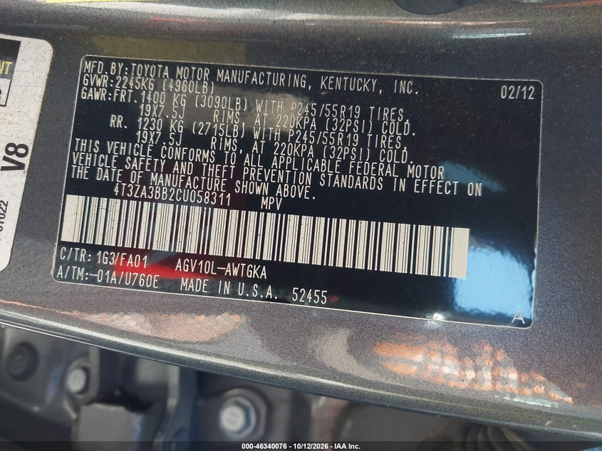 TOYOTA VENZA 2012 VIN 4T3ZA3BB2CU058311