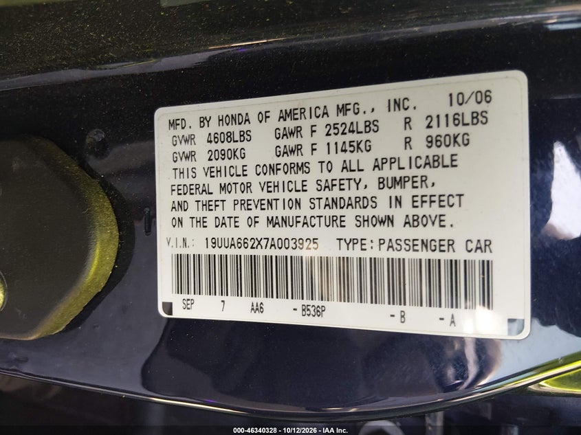 ACURA TL 2007 VIN 19UUA662X7A003925