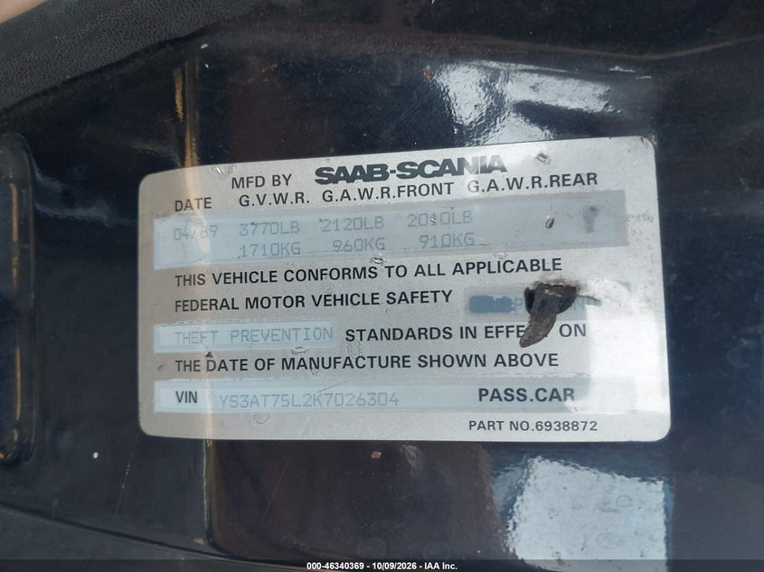 SAAB 900 1989 VIN YS3AT75L2K7026304