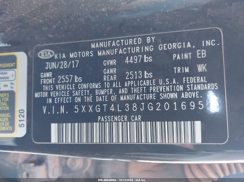 KIA OPTIMA 2018 VIN 5XXGT4L38JG201695