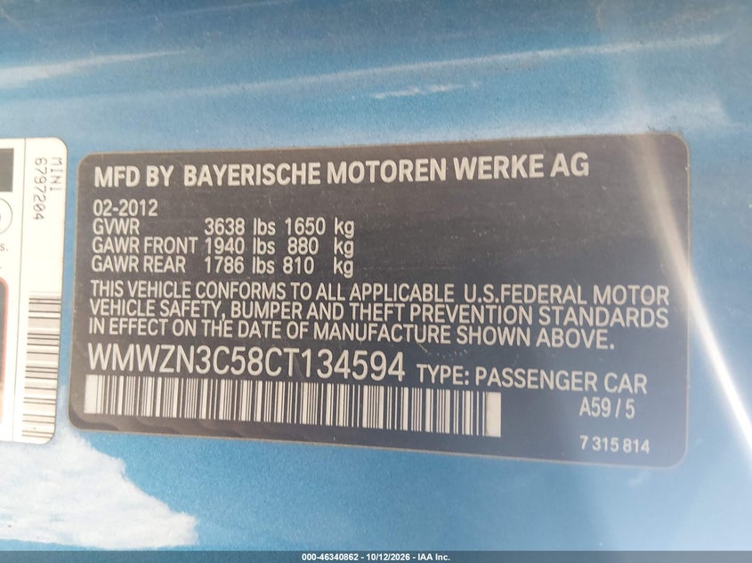 MINI COOPER 2012 VIN WMWZN3C58CT134594