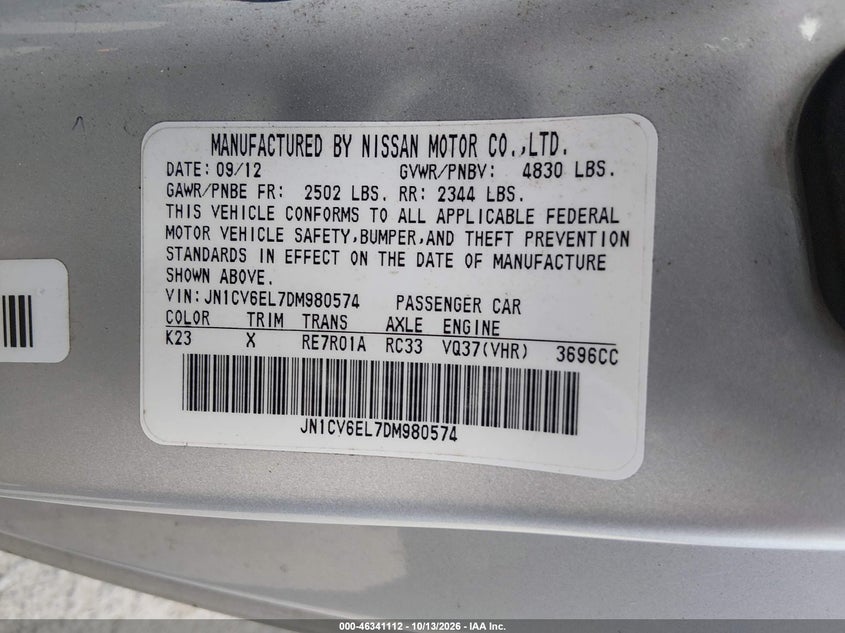 INFINITI G37X 2013 VIN JN1CV6EL7DM980574